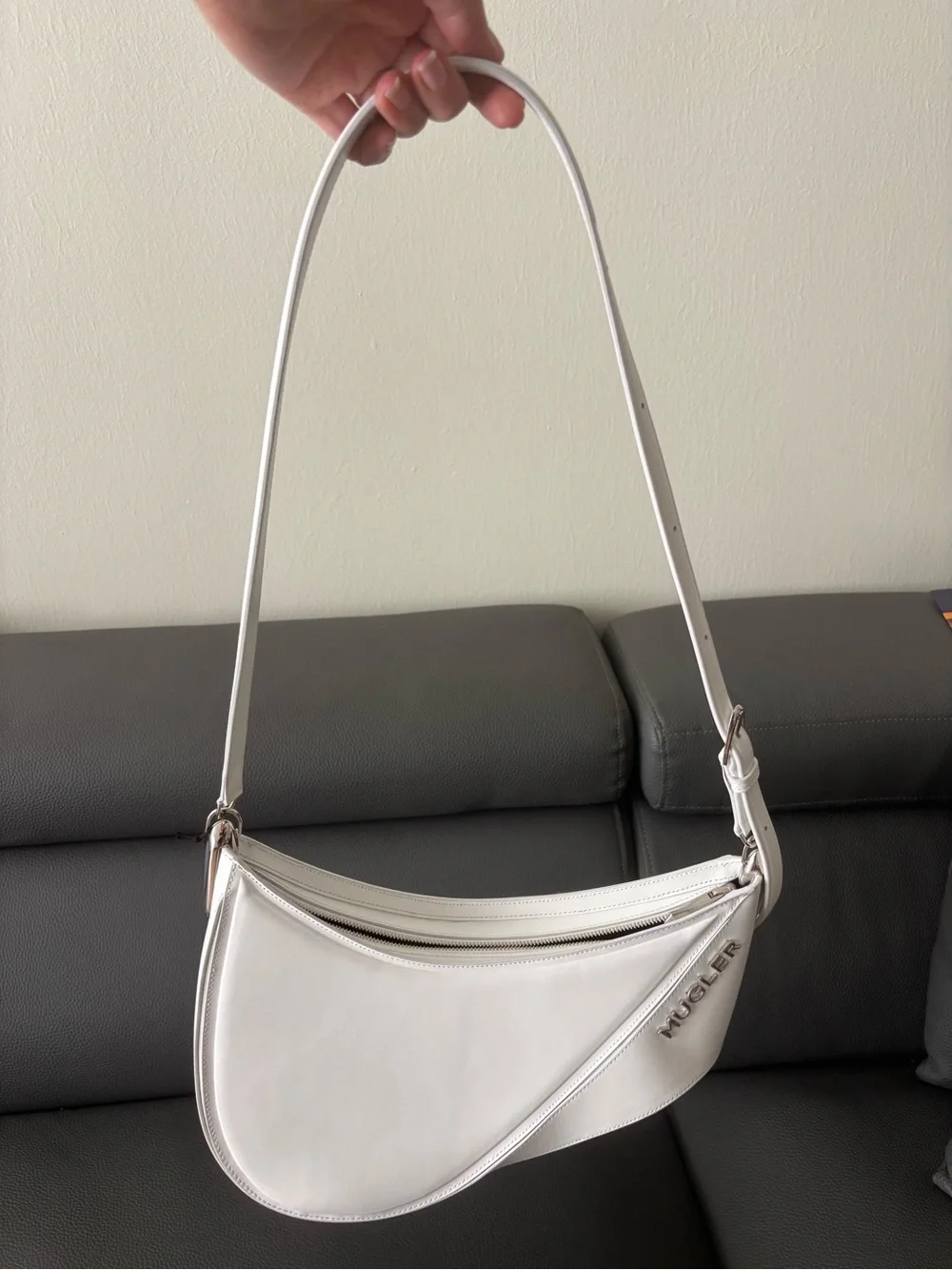 Mugler White Crescent Shoulder Bag with Textured Logo